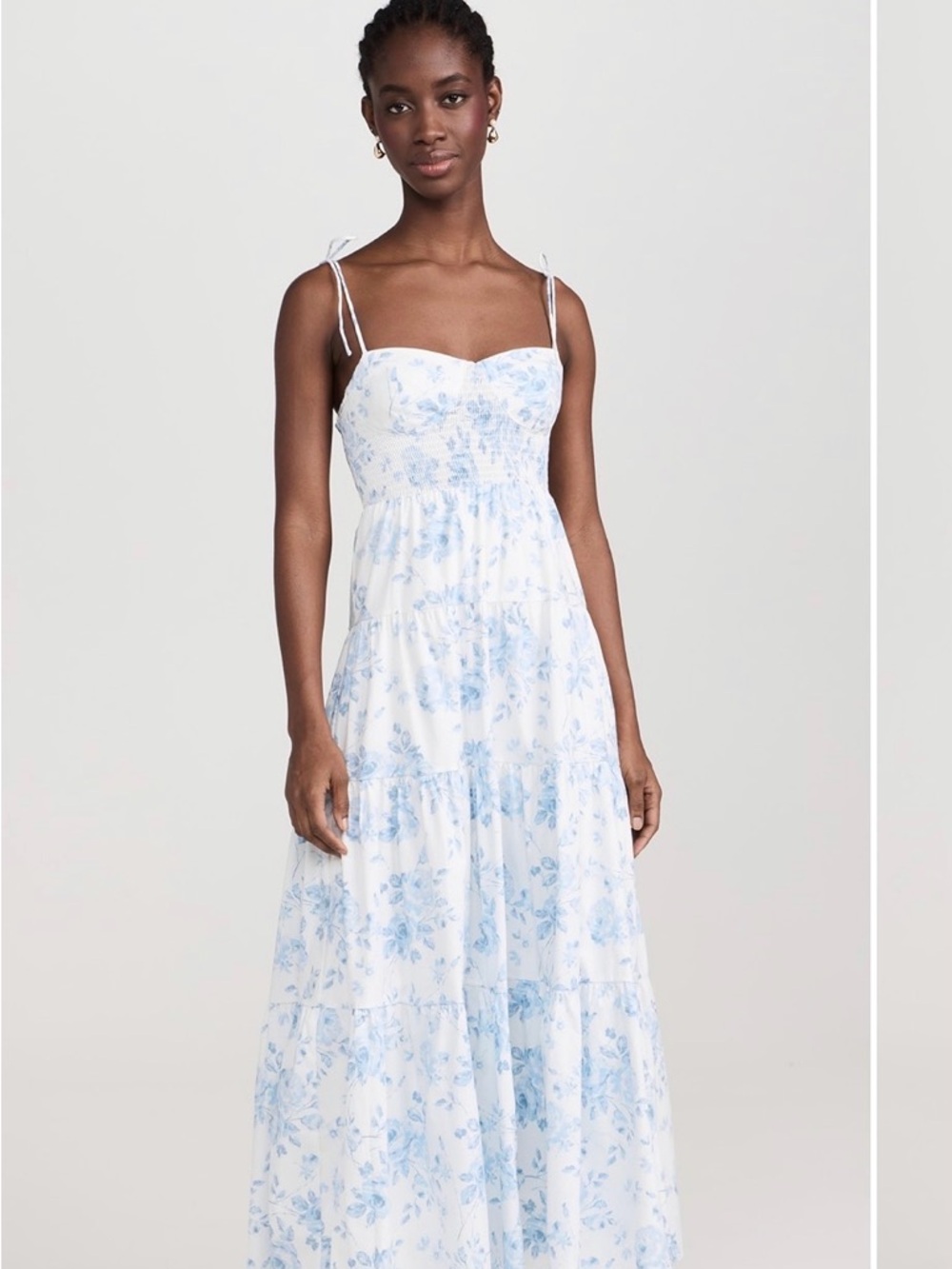 Wayf White Maxi Dress with Light Blue Floral Print and Tie Straps